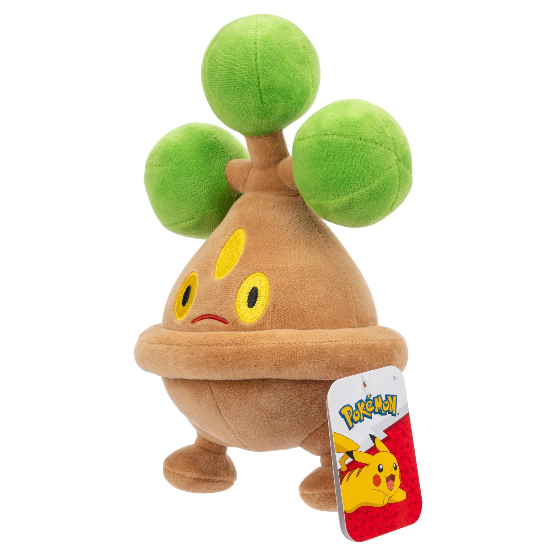 The adorable brown and green Bonsly plush toy is presented upright with its official Pokemon logo hang tag visible against a clean white backdrop