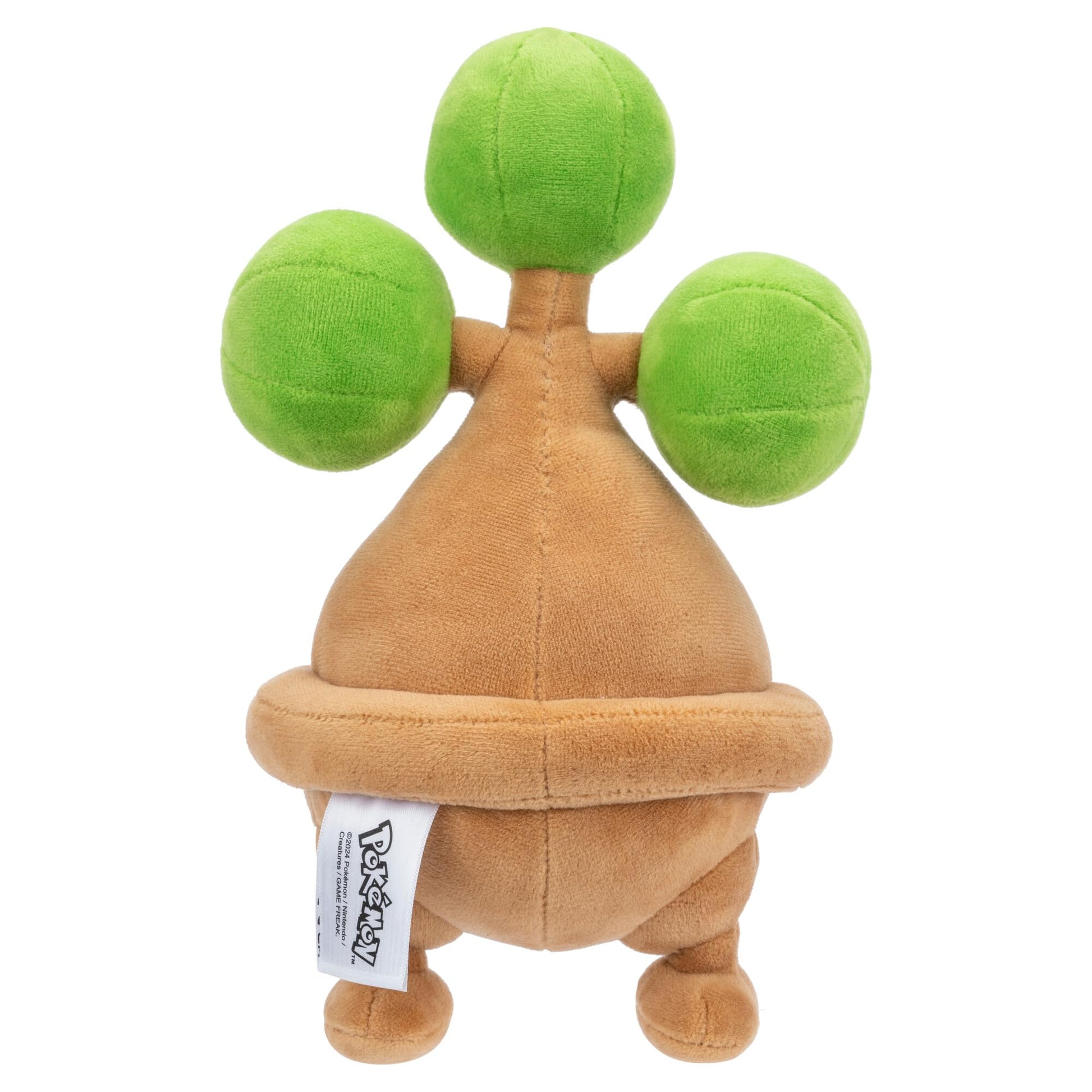 The plush features a brown, conical base and three fuzzy, bright green spherical shapes protruding from the top, photographed clearly on a white background
