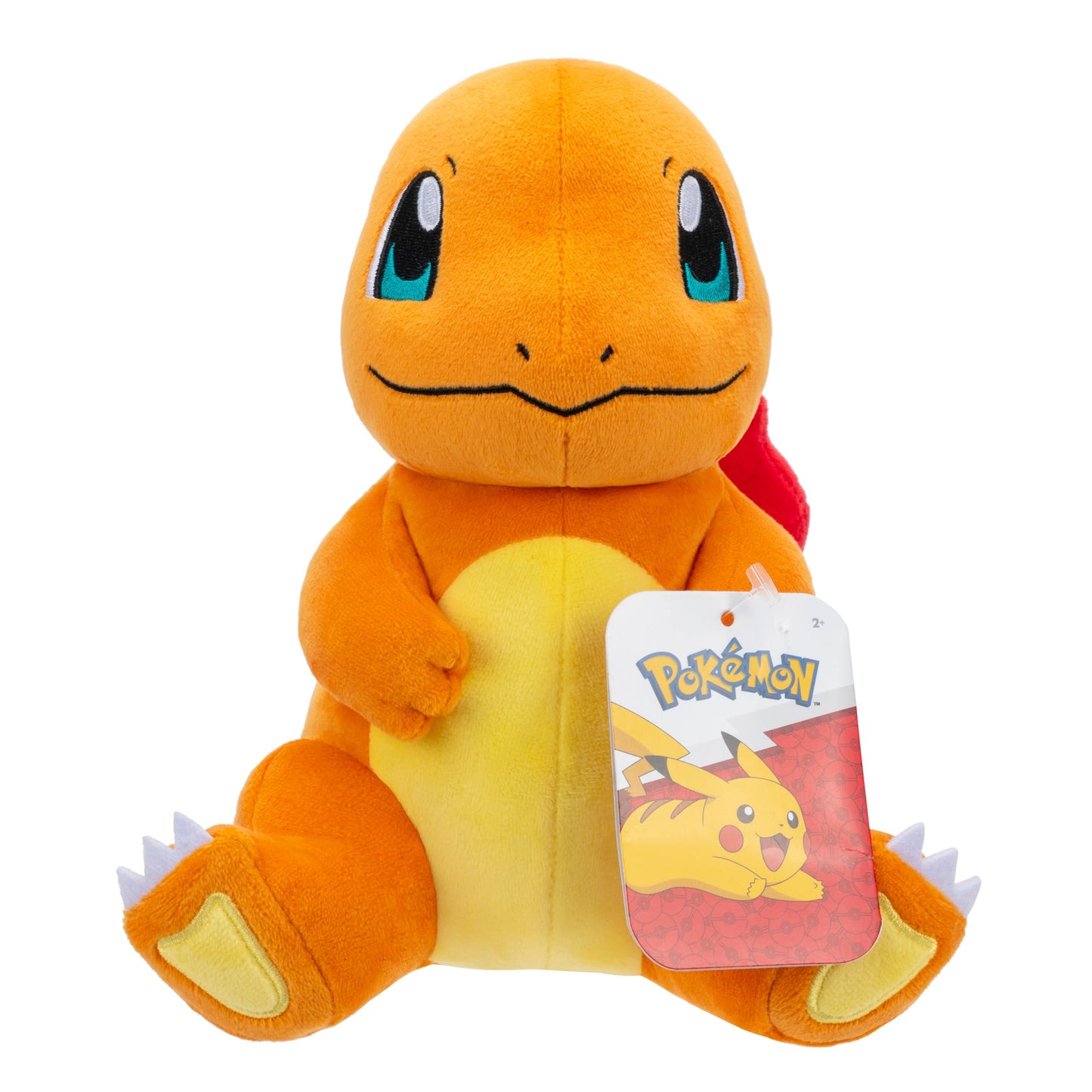This is an orange and yellow sitting Charmander plush featuring embroidered details and white claws, displayed prominently with its attached colorful Pokémon retail tag