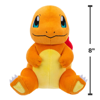 A detailed 8-inch Pokemon Charmander plush sits facing forward showing its vibrant orange fur yellow belly and white claws