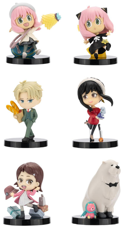 Six Spy x Family chibi figures on black stands including Anya Loid and Yor Forger