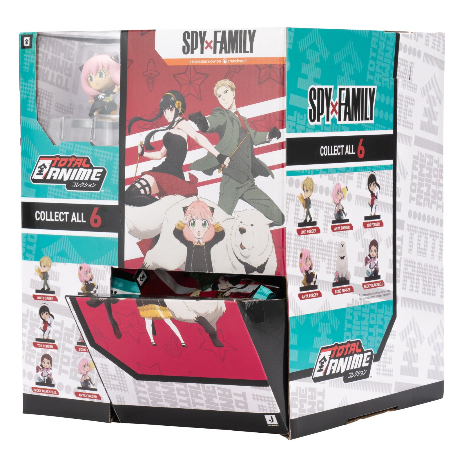 Spy x Family Total Anime Collection box displaying Anya Forger figure inside with images of Loid Yor Anya and Bond Forger figures to collect