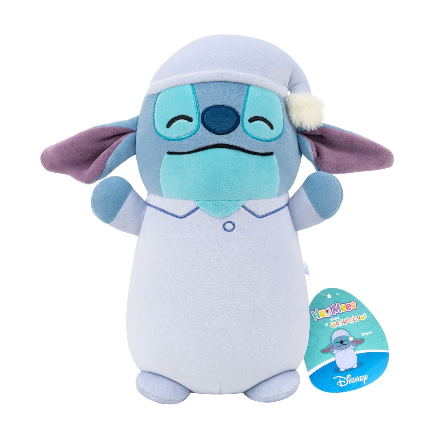 Disney Stitch Squishmallow Hug Mee plush in blue pajamas and sleeping cap, with closed eyes with tag