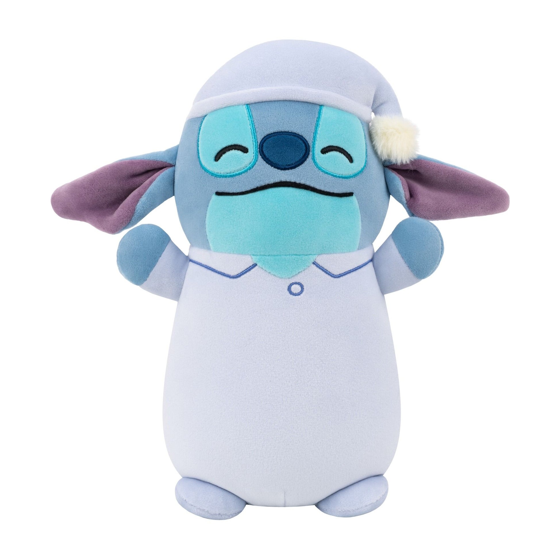 Disney Stitch Squishmallow Hug Mee plush in blue pajamas and sleeping cap, with closed eyes