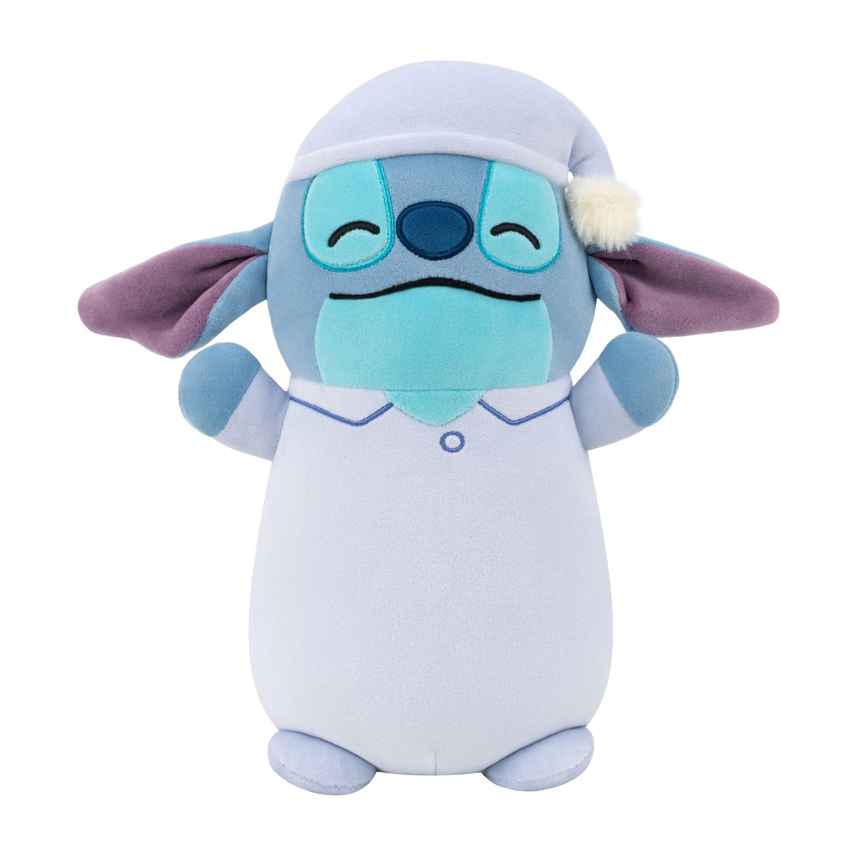 Disney Stitch Squishmallow Hug Mee plush in blue pajamas and sleeping cap, with closed eyes