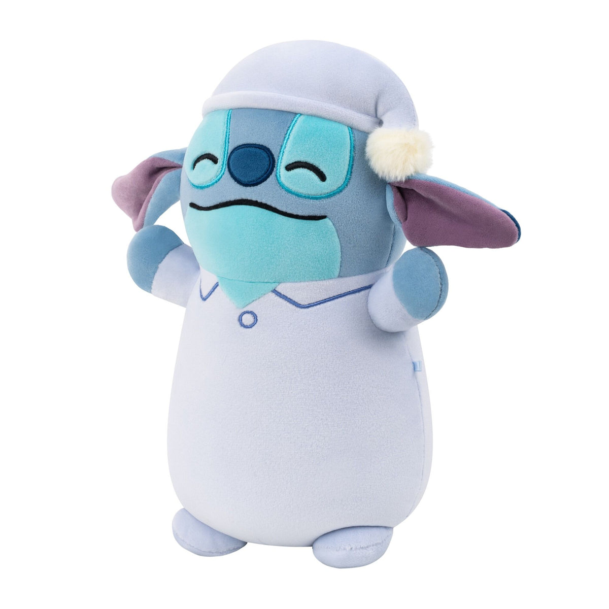 Side view of Disney Stitch Squishmallow Hug Mee plush in blue pajamas and sleeping cap, with closed eyes