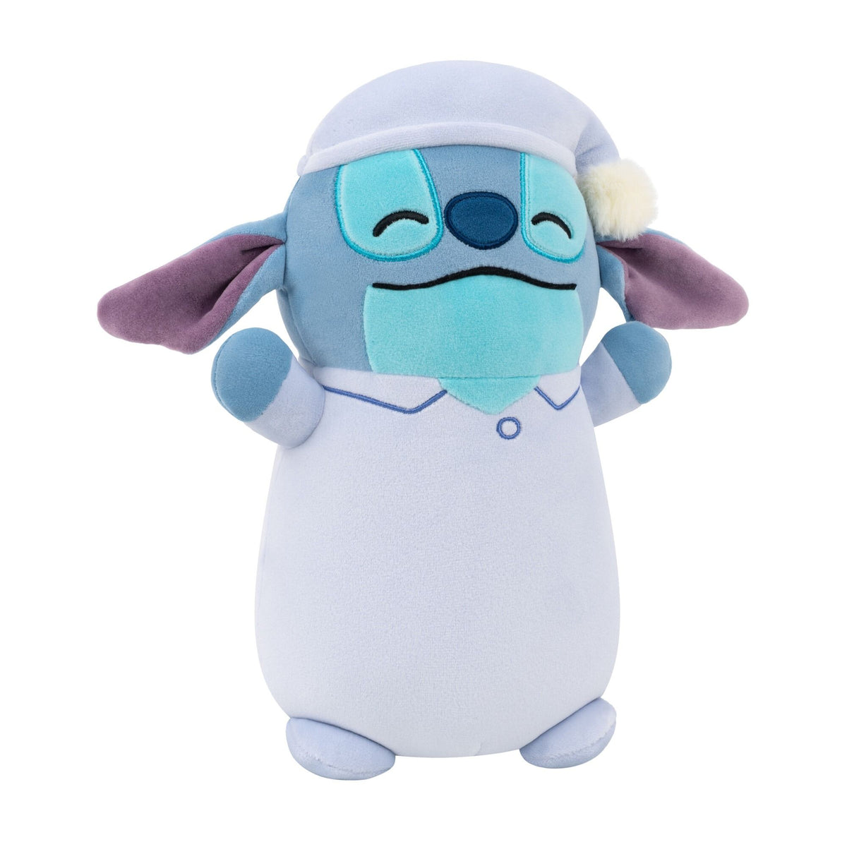Side view of Disney Stitch Squishmallow Hug Mee plush in blue pajamas and sleeping cap, with closed eyes