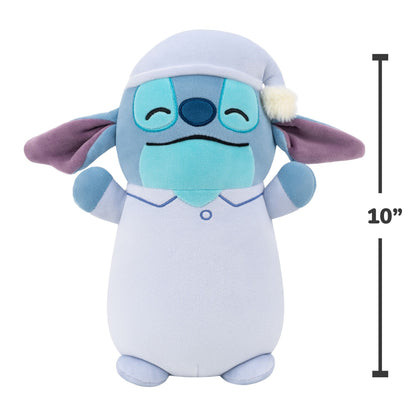 Disney Stitch Squishmallow Hug Mee plush in blue pajamas and sleeping cap, with closed eyes with showing dimension