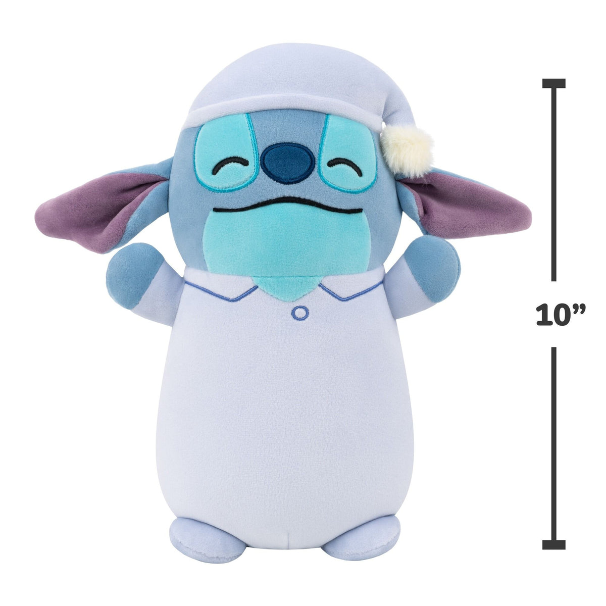 Disney Stitch Squishmallow Hug Mee plush in blue pajamas and sleeping cap, with closed eyes with showing dimension