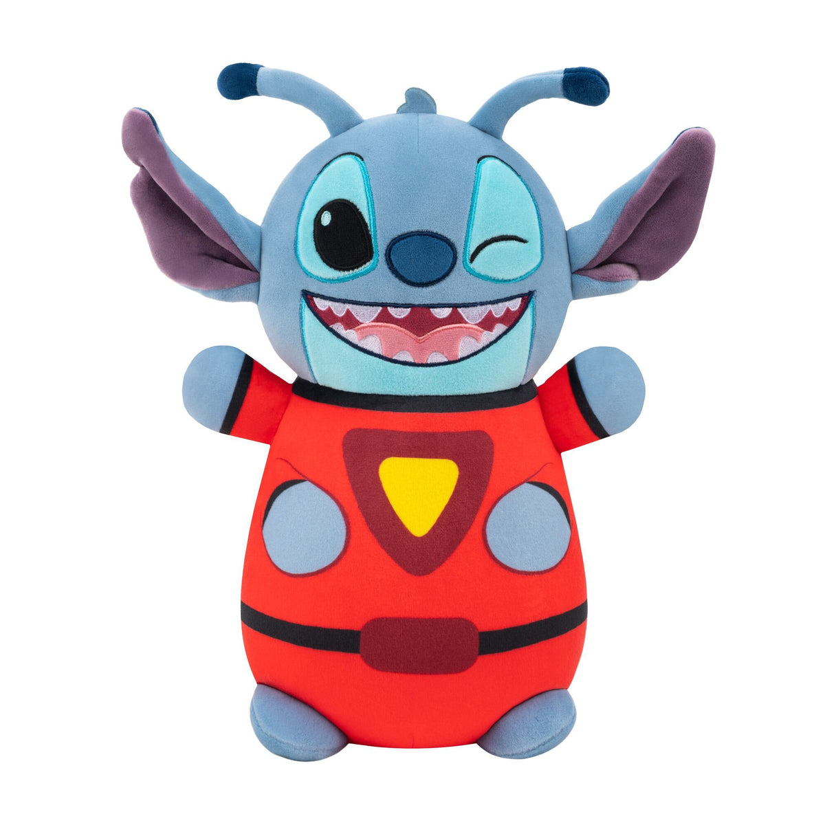 Disney Stitch Hug Mees plush in a red superhero suit with a yellow emblem, winking and smiling widely