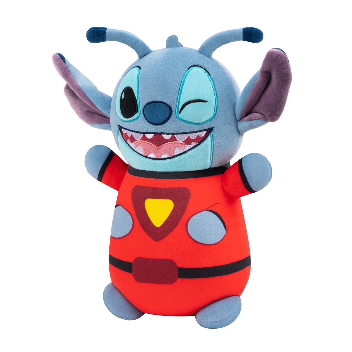 Side view of Disney Stitch Hug Mees plush in a red superhero suit with a yellow emblem, winking and smiling widely