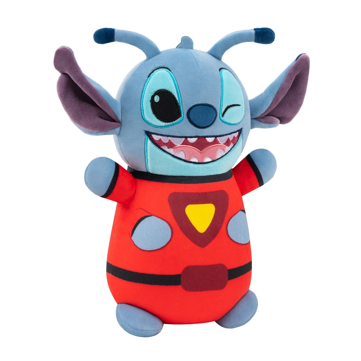Side view of Disney Stitch Hug Mees plush in a red superhero suit with a yellow emblem, winking and smiling widely