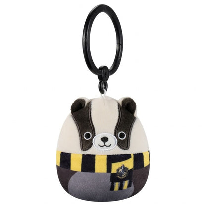 Close-up of a 35-inch Squishmallows Hufflepuff badger clip plush detailed with a yellow and black scarf and attached to a large black plastic ring