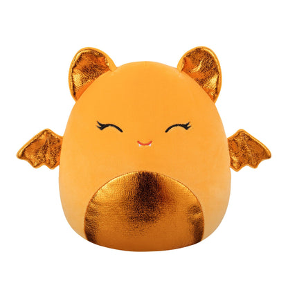 A round orange plush bat with metallic gold wings, ears, belly, closed eyes, and small fangs