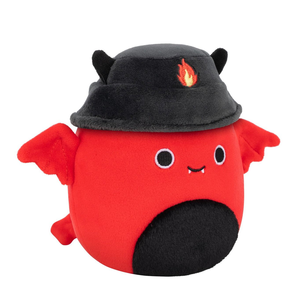 A red devil plush toy with small red wings, a black belly, wearing a dark gray hat with black horns and a flame emblem, and a fanged smile