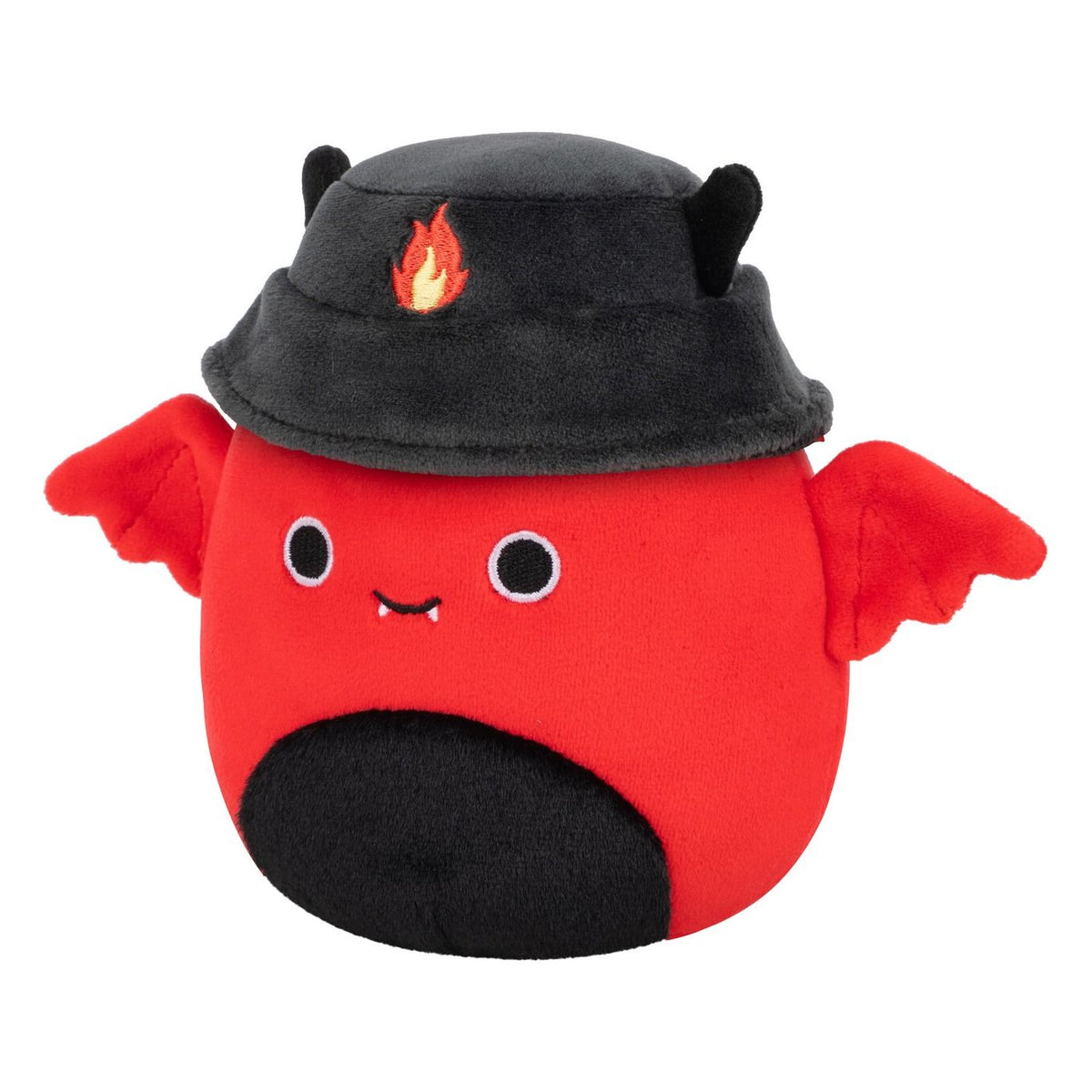A red Squishmallow plush toy with a black belly, red wings, black hat with horns and a flame emblem, and a happy face