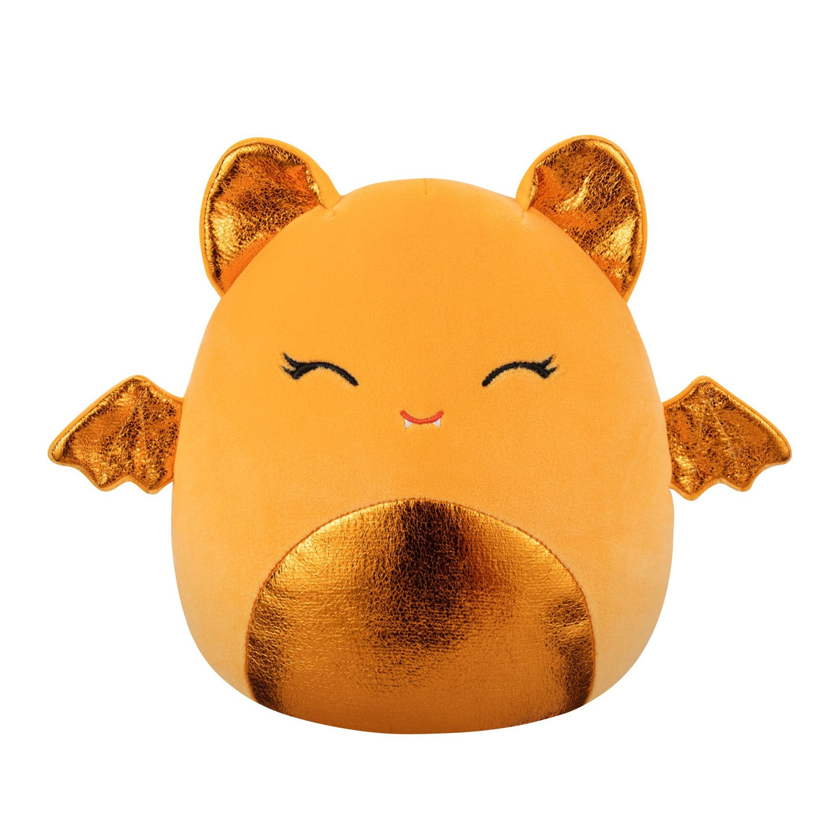 A round orange plush bat with metallic gold wings, ears, belly, closed eyes, and small fangs