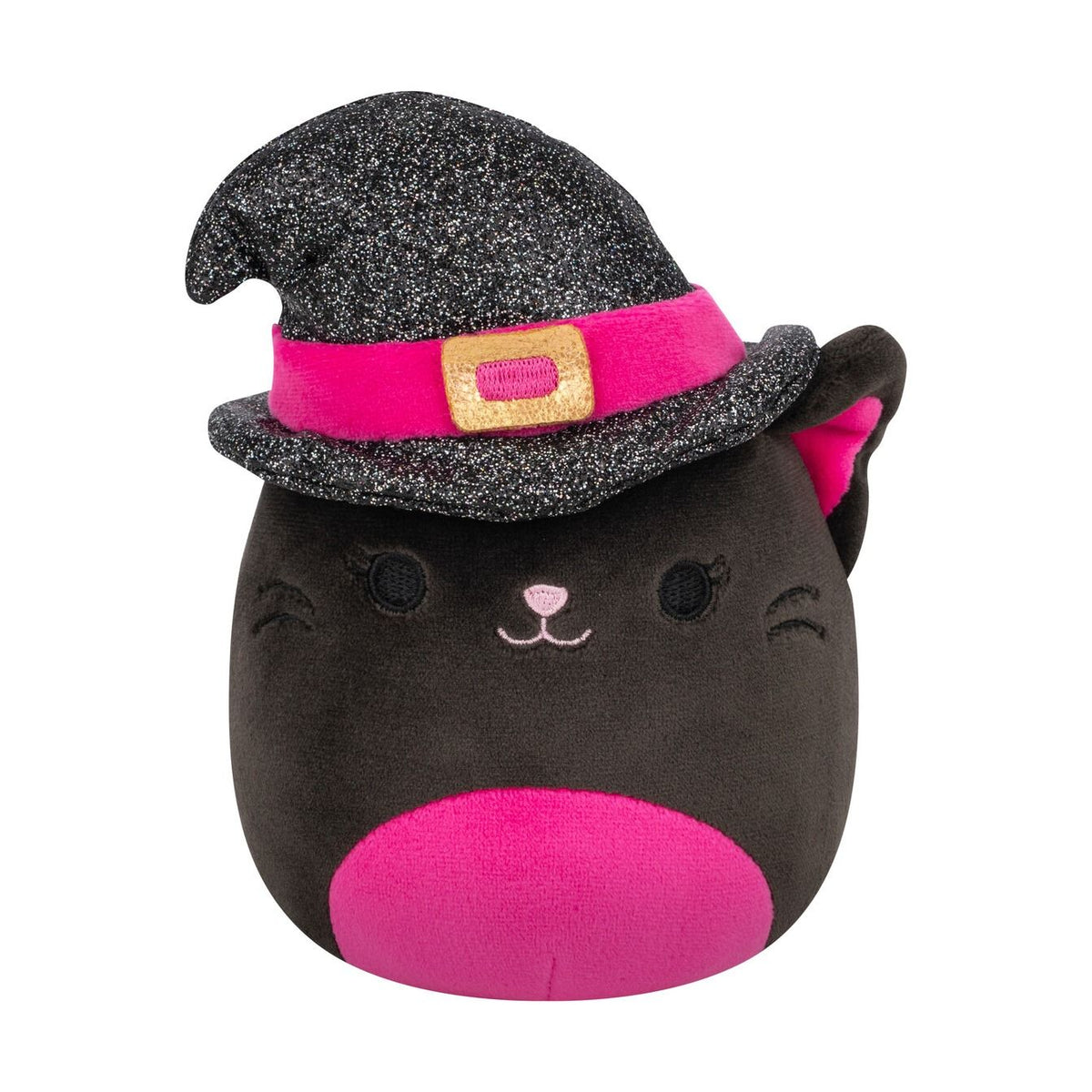 A black cat Squishmallow plush toy wearing a sparkly black witch hat with a pink band and gold buckle, with pink ears and belly