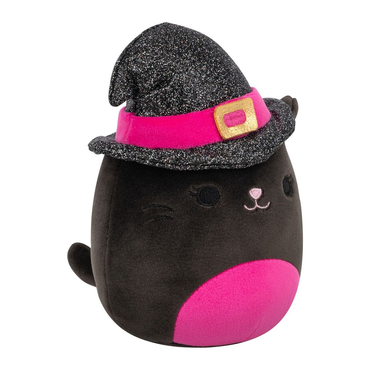 A black plush cat toy with pink underbelly details wears a glittery black witch hat with a pink band and gold buckle