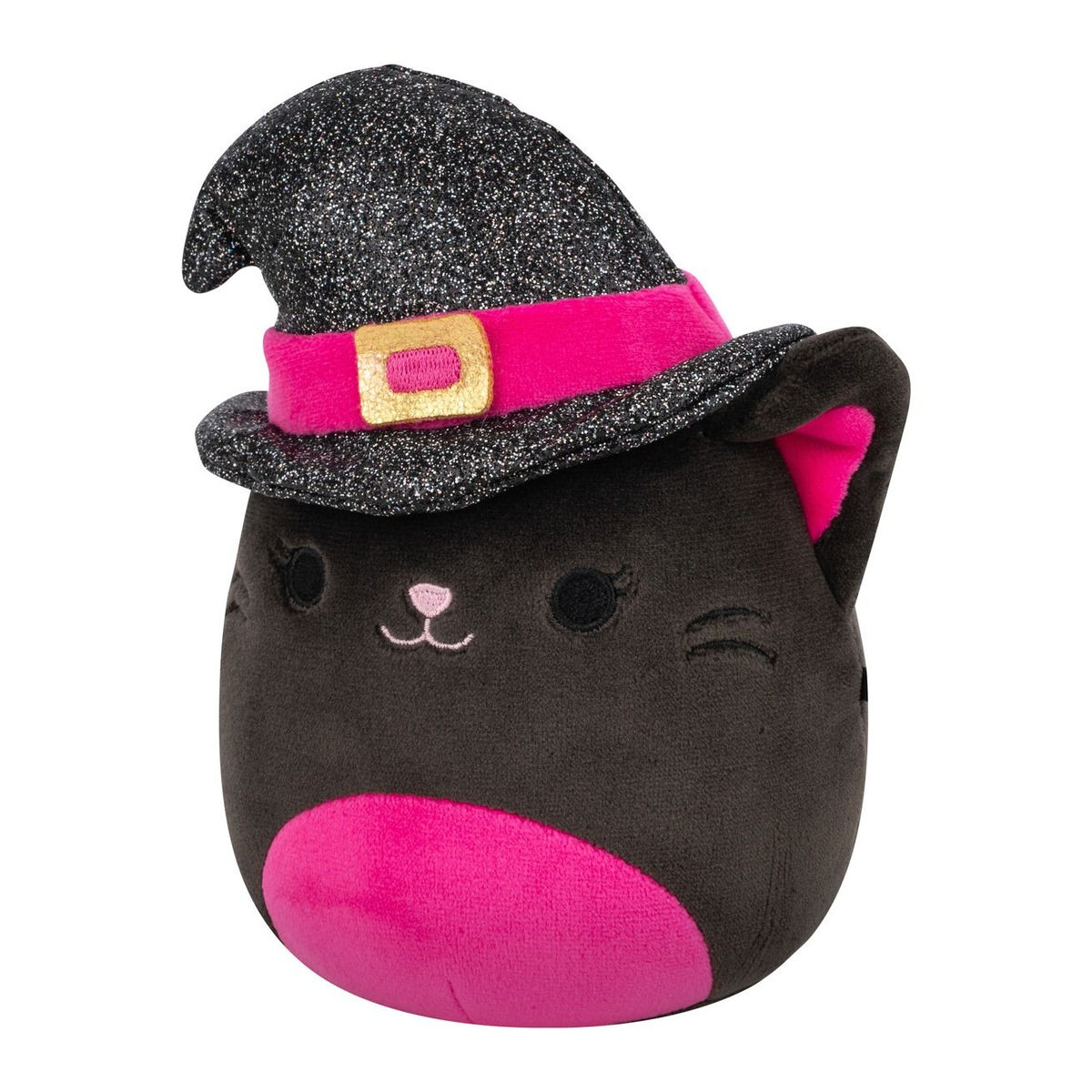 A black cat Squishmallow plush wearing a glittery black witch hat with a pink band and gold buckle, featuring pink inner ears, nose, and belly with a winking eye