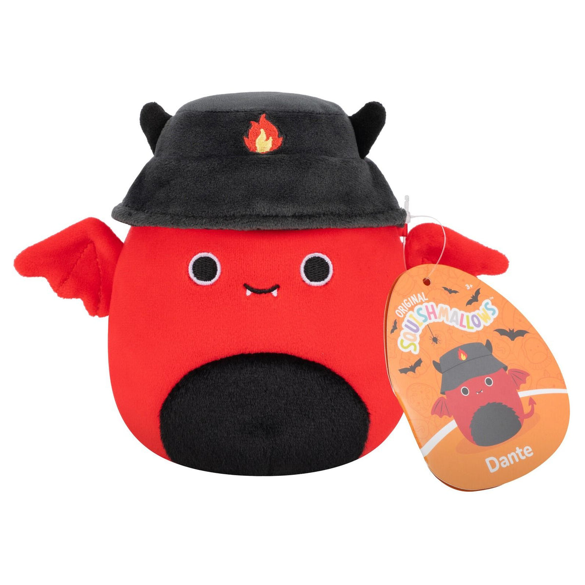 A red plush devil character wearing a black hat with a flame emblem and horns, featuring red wings and a black belly