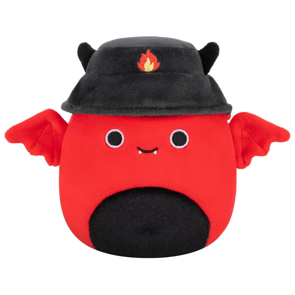 A red devil Squishmallow plush with red wings, black horns, a black hat with a flame, and a black belly patch
