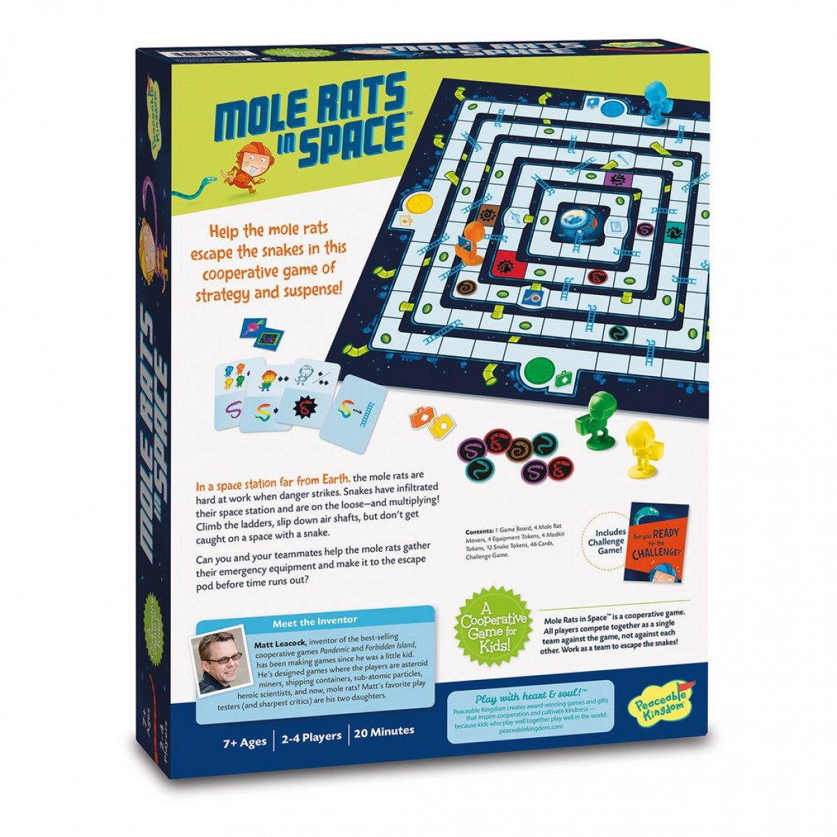 The Mole Rats in Space board game box back shows the cooperative strategy game board featuring space station pathways, player pieces, and detailed rules