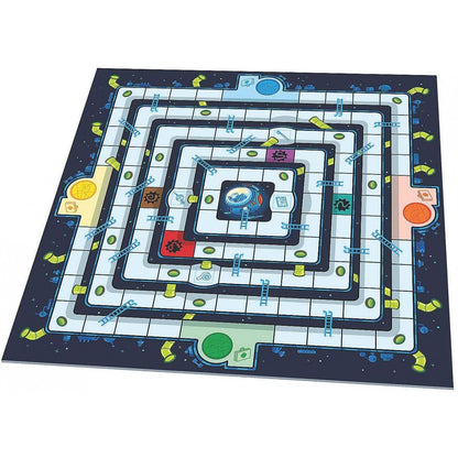 Overhead image of the "Space Escape" board game featuring a complex square path maze with ladders, yellow pipes, and a central cockpit graphic