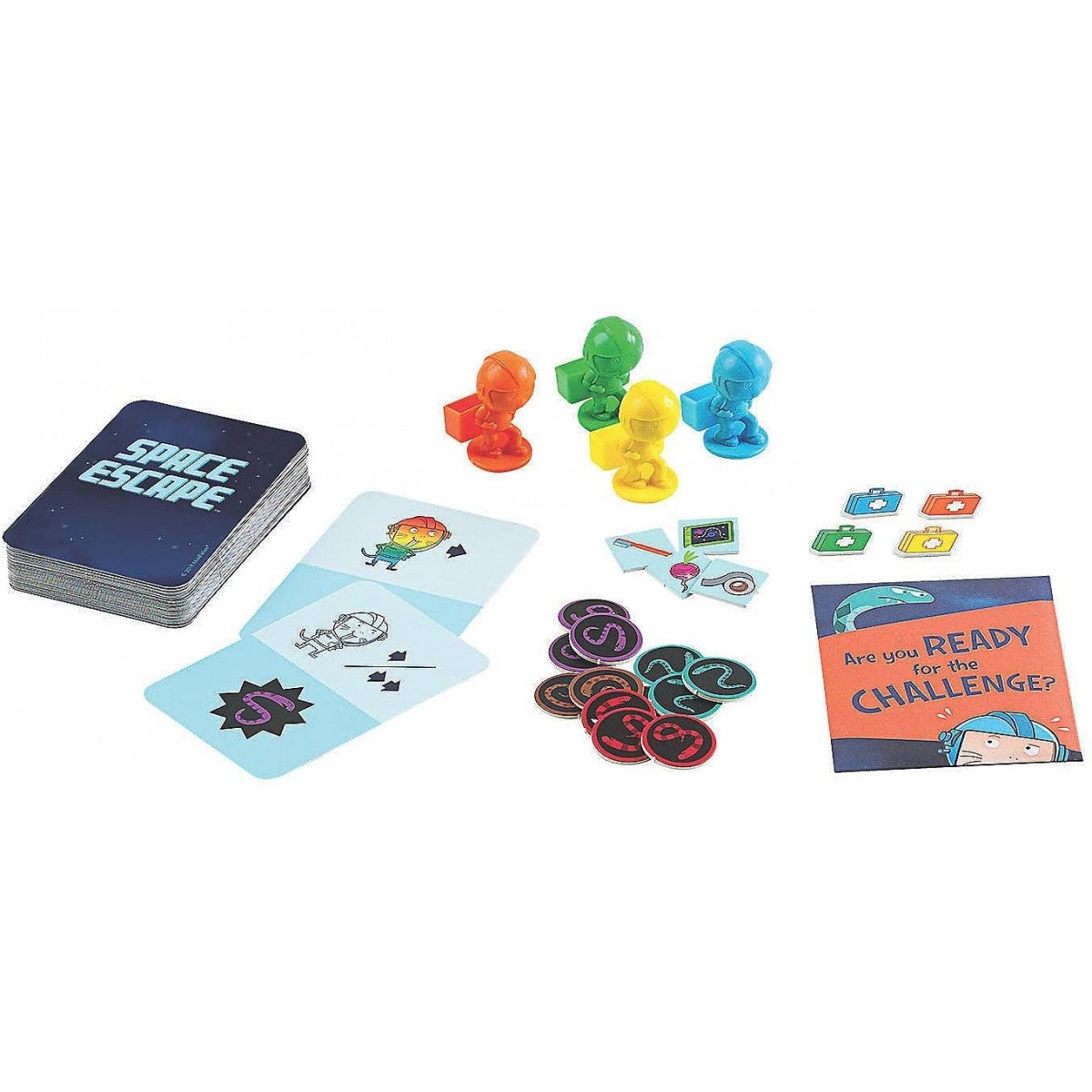 This close-up view features the Space Escape board game components including a deck of dark blue cards, four coloured astronaut figures, and assorted round and square tokens