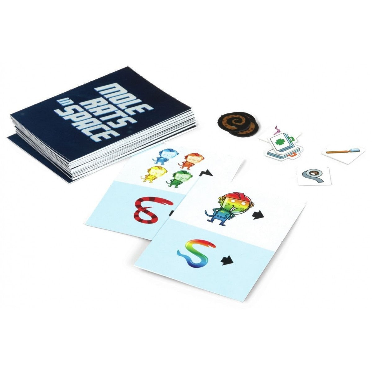 A flat lay of the Mole Rats in Space card game showing a dark deck, various tokens, and two character cards illustrated with colourful mole rat astronauts