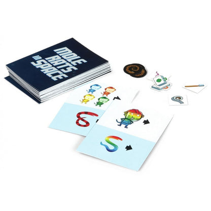 A flat lay of the Mole Rats in Space card game showing a dark deck, various tokens, and two character cards illustrated with colourful mole rat astronauts