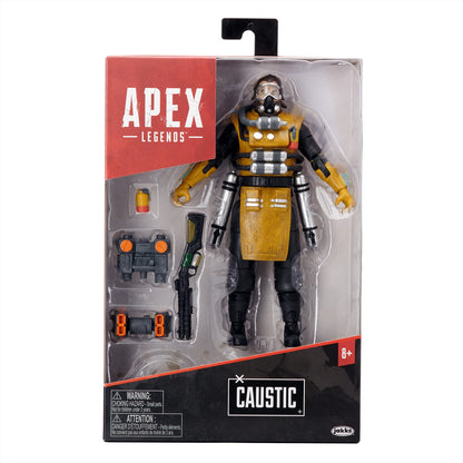 Apex Legends Caustic action figure in signature yellow and black outfit includes accessories
