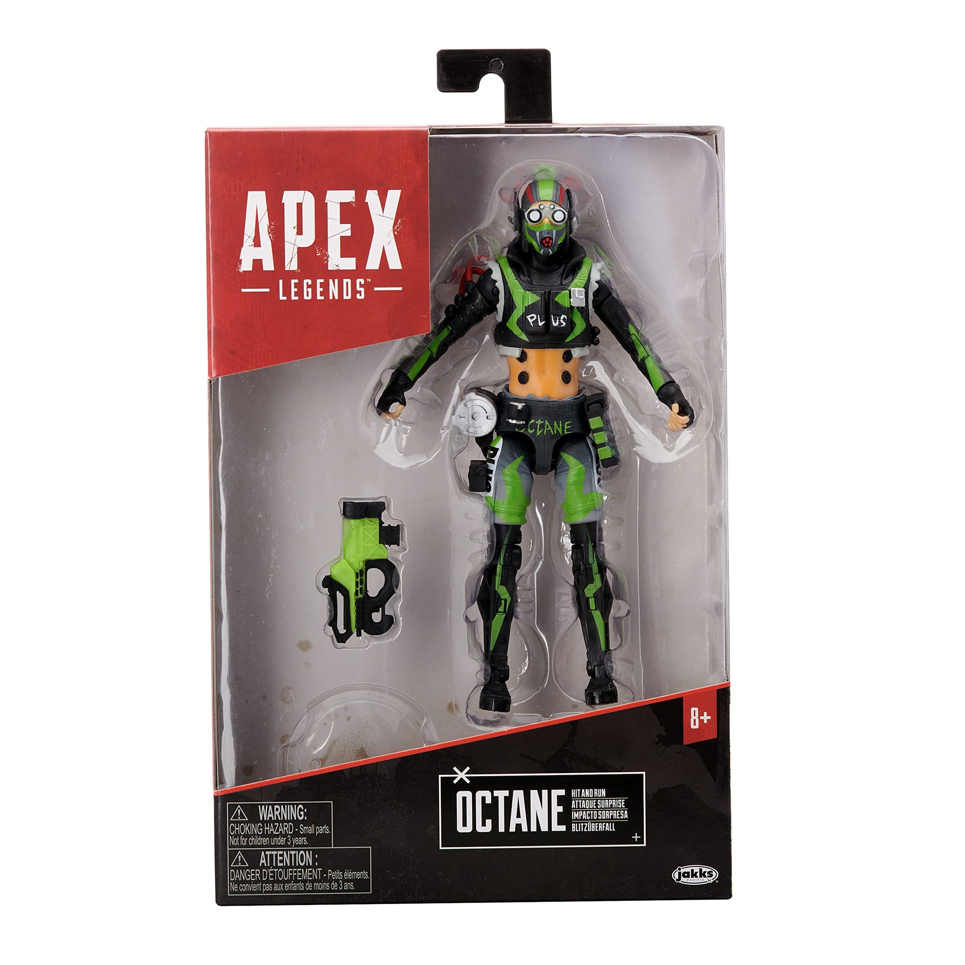 Apex Legends Octane 6-inch action figure in green and black with stim pack accessory in packaging