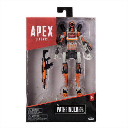 Apex Legends Pathfinder action figure in orange and white with gun accessory