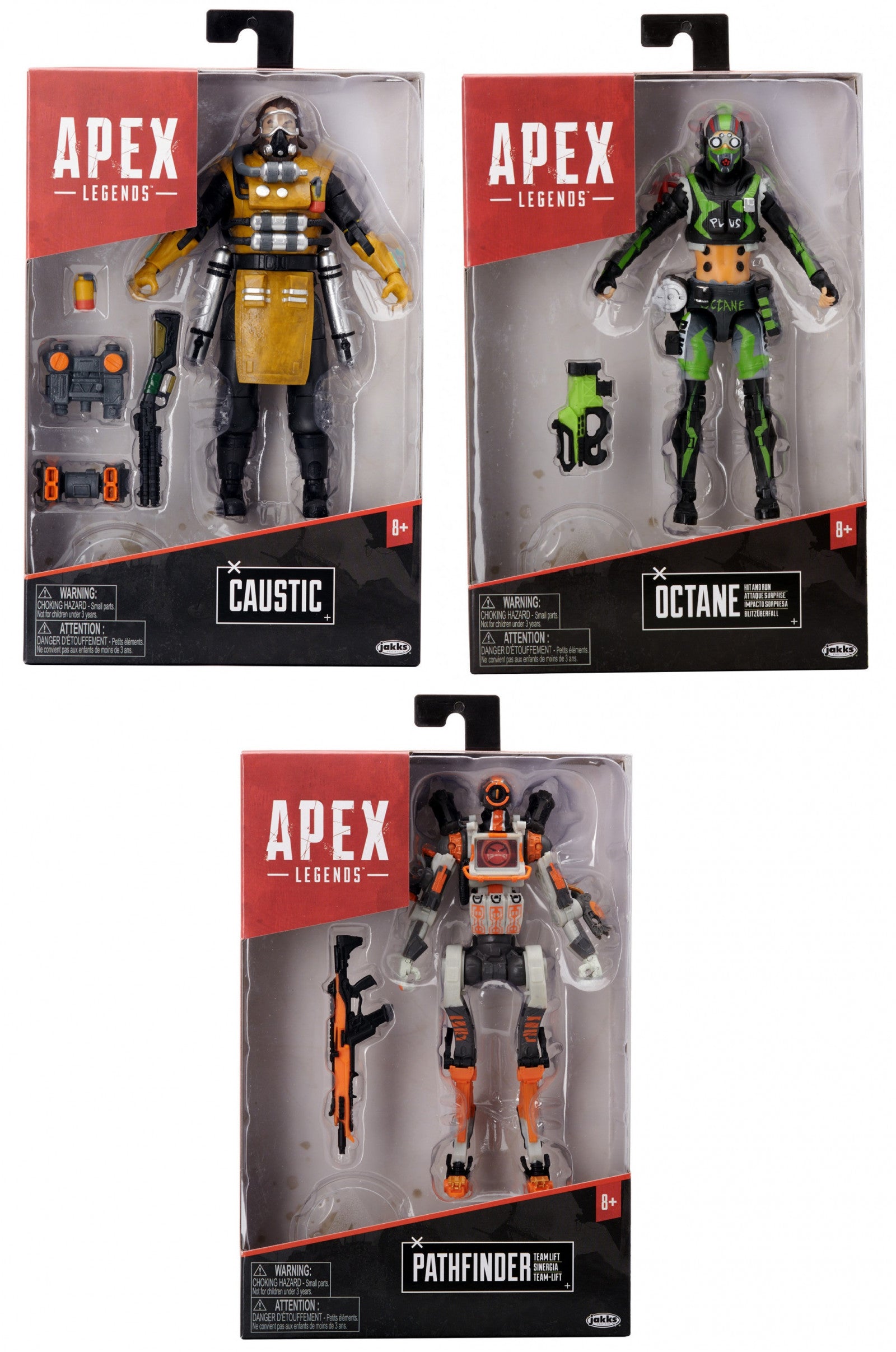 Three Apex Legends collectible action figures in blister packaging featuring Caustic in yellow Octane in green and Pathfinder in orange and white