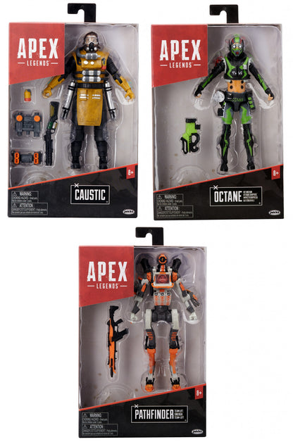 Three Apex Legends collectible action figures in blister packaging featuring Caustic in yellow Octane in green and Pathfinder in orange and white