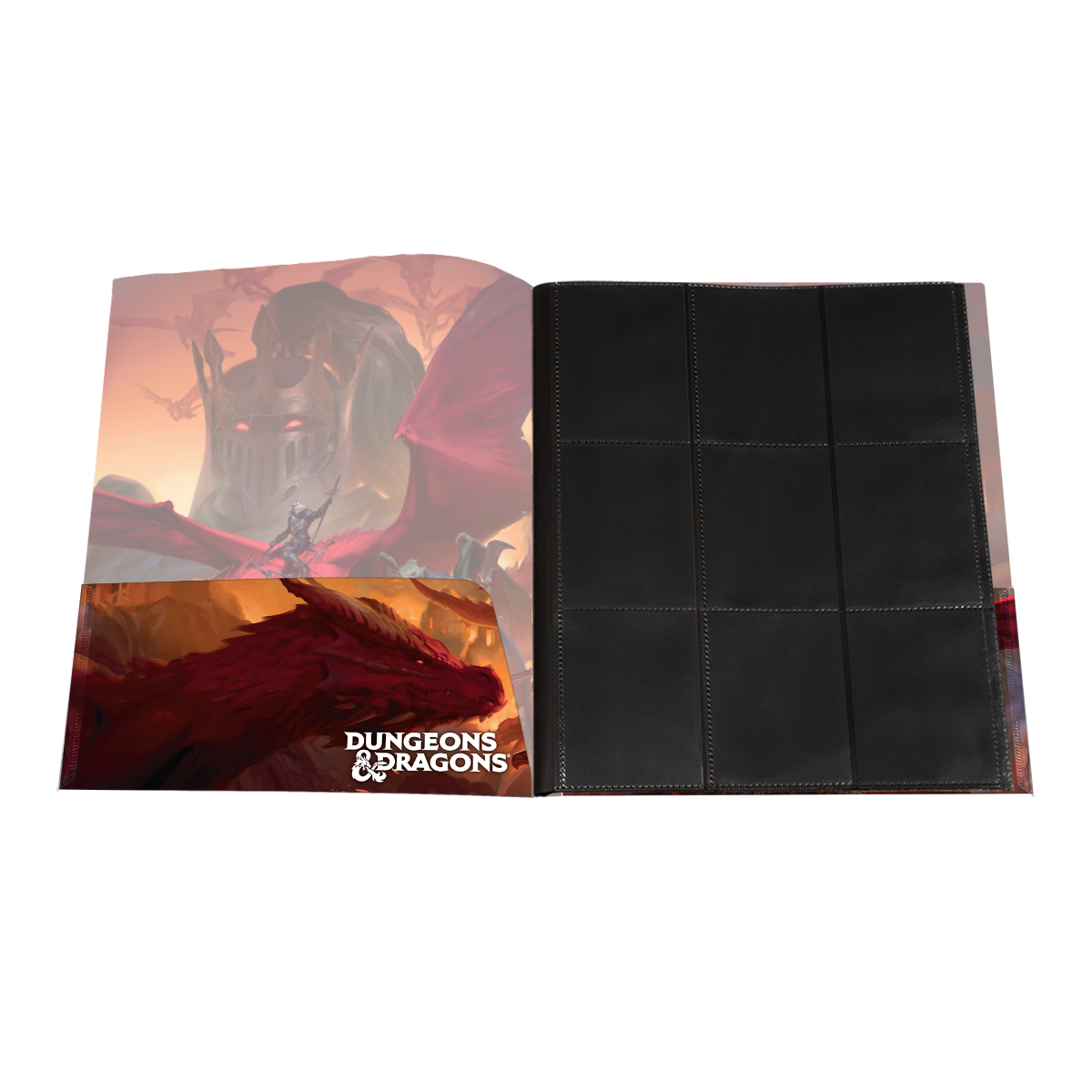 An open character folio featuring fantasy artwork of a red dragon and a dark armored creature on the left, with black nine-pocket pages on the right
