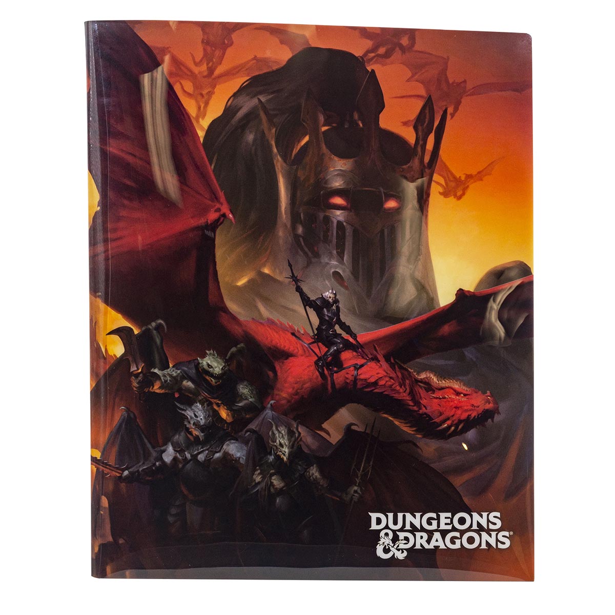 A fantasy cover for Dungeons &amp; Dragons featuring a large dark armored figure, a person riding a red dragon, and winged creatures against an orange sky