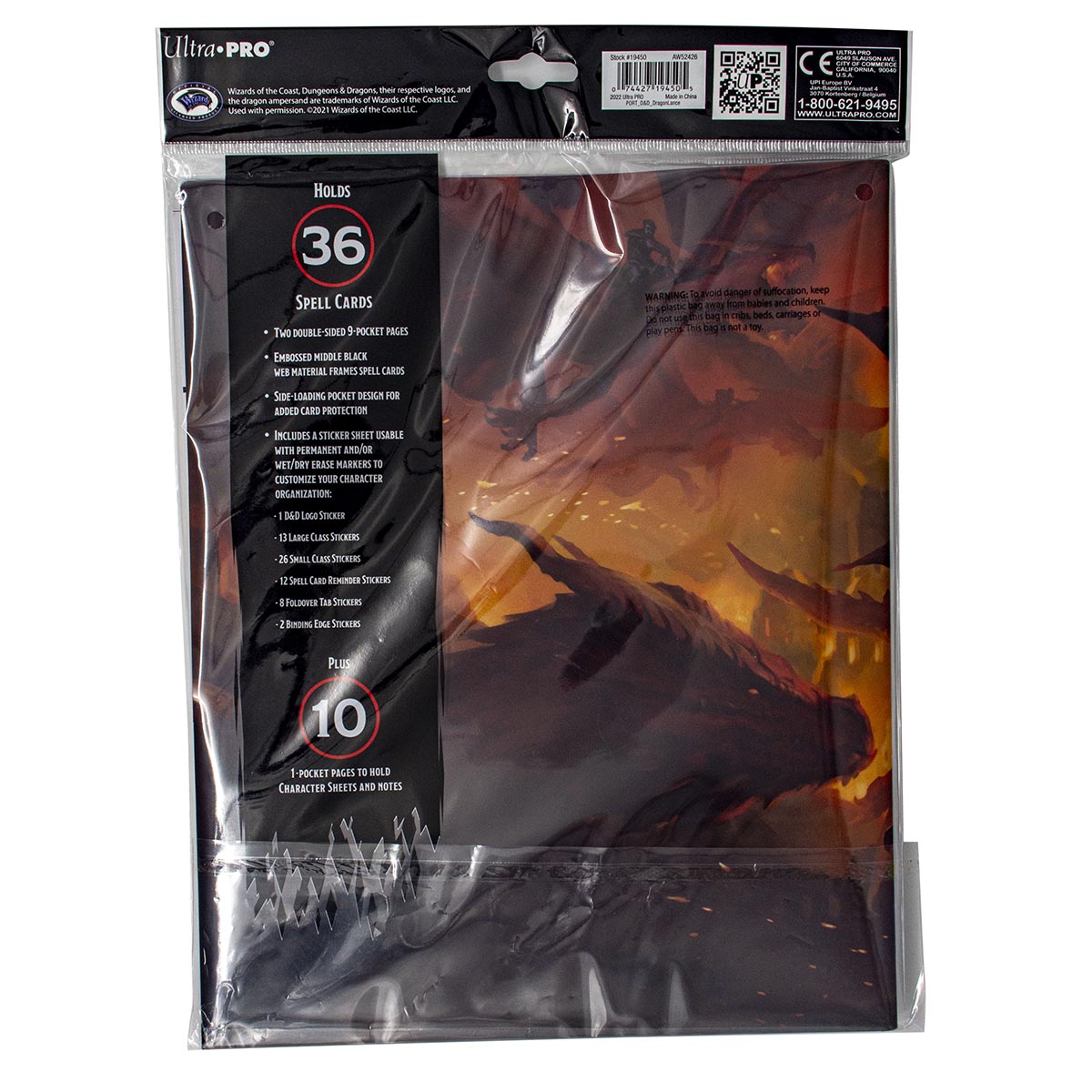 A plastic-wrapped Dragonlance Shadow of the Dragon Queen Character Folio for Dungeons and Dragons, showing dark fantasy art and text describing its 36 spell card pages and stickers