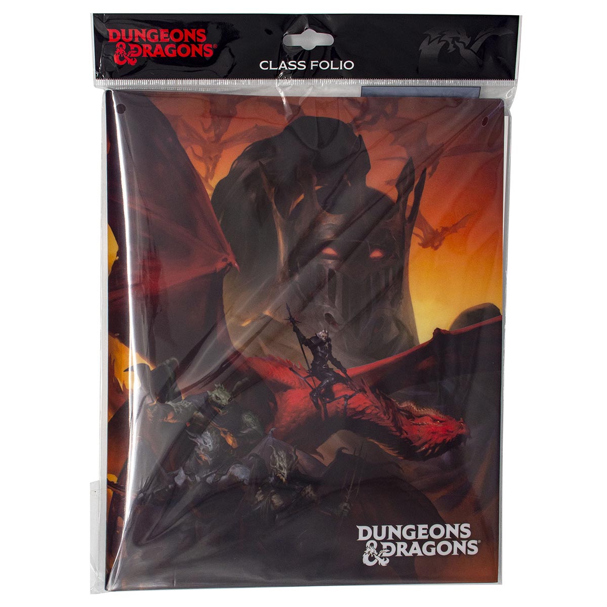 A Dungeons &amp; Dragons Class Folio displaying dark fantasy art with a red dragon, a mounted warrior, and monsters against a fiery background