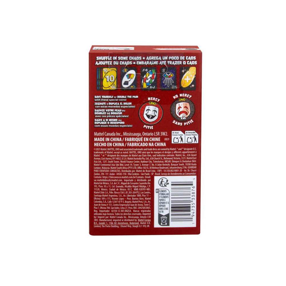 Red UNO game box bottom panel showing Mattel legal details, Made in China info, special cards, game icons, and UPC barcode