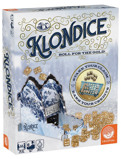 Klondice Family Dice Game box with gold mine cart illustration on snowy mountain background