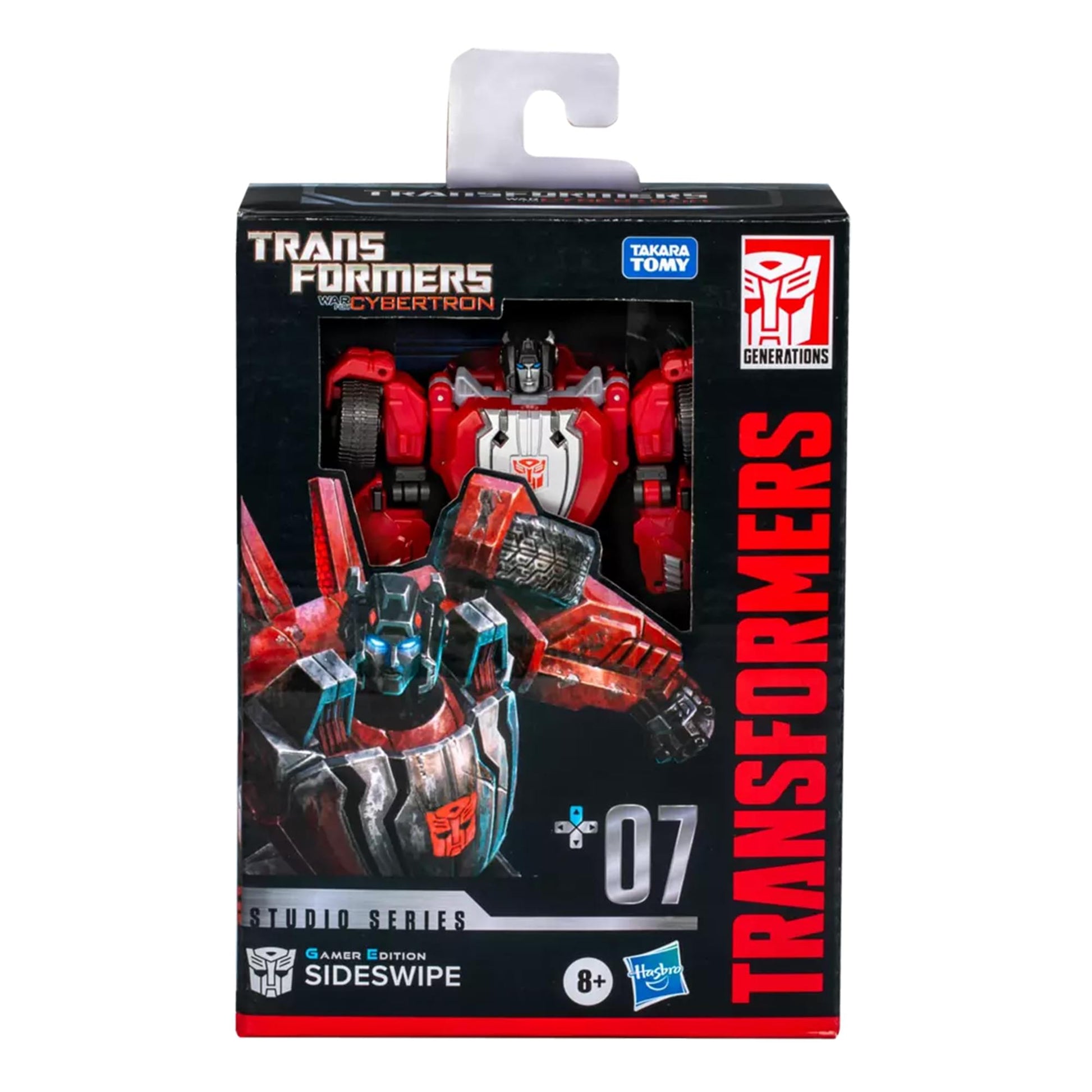 Transformers Studio Series Gamer Edition Sideswipe 07 action figure in a black and red package with War for Cybertron branding age 8
