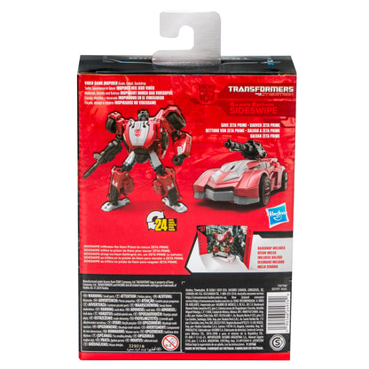 Transformers Studio Series Gamer Edition Sideswipe action figure red and gray converts to car in 24 steps with backdrop 07 series
