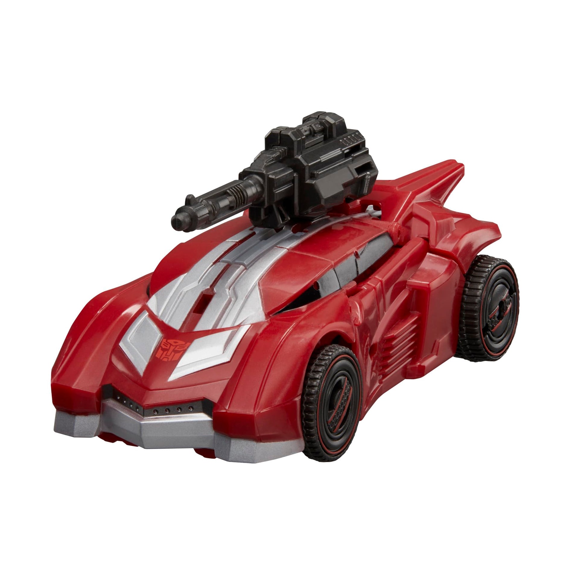 Transformers Studio Series War for Cybertron Sideswipe a red car mode figure with silver detailing and a black mounted cannon