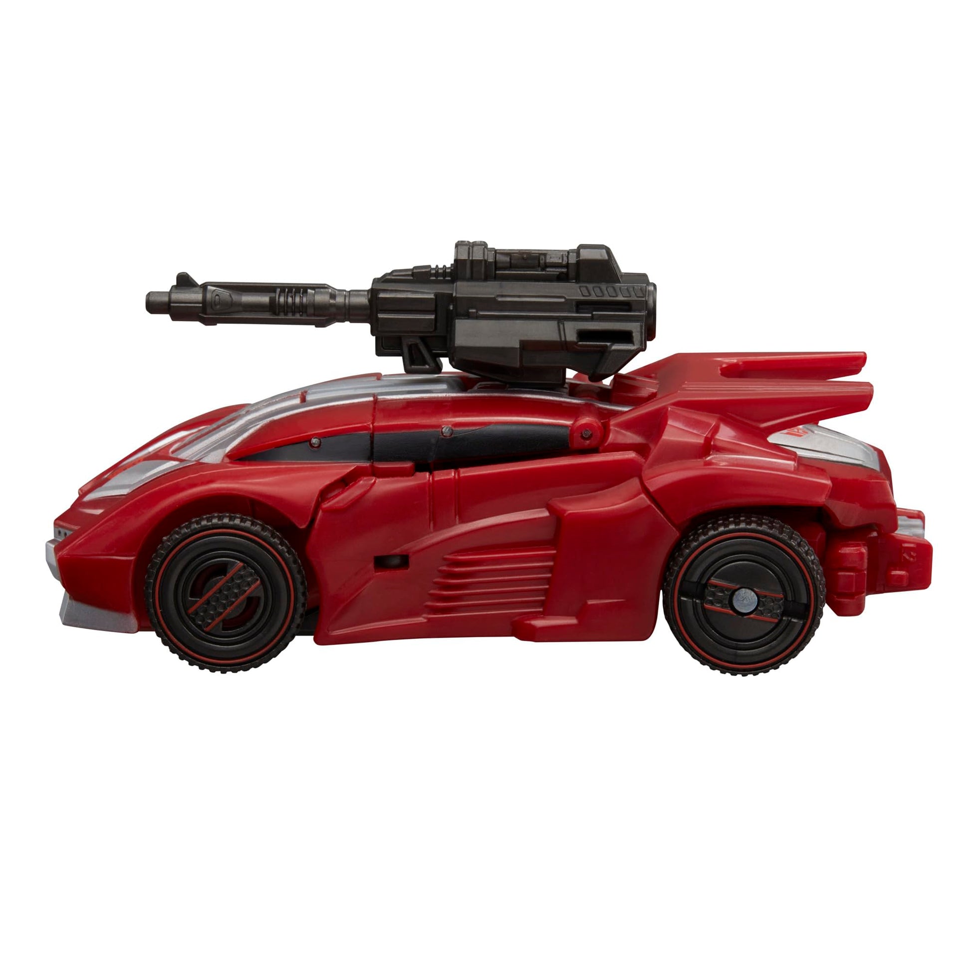 Transformers Studio Series Deluxe Class War for Cybertron Sideswipe 07 a red sports car mode with a detachable dark gray cannon mounted on top