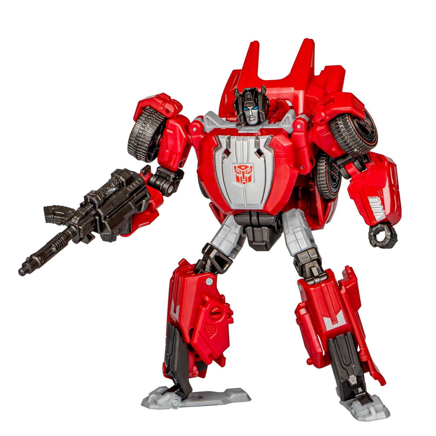 Transformers Studio Series Deluxe Class War for Cybertron Sideswipe 07 a red and gray Autobot action figure holding a black blaster rifle