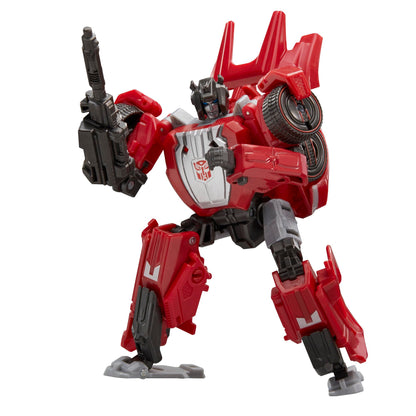 Transformers Studio Series Sideswipe action figure in red and silver holding a blaster poised for battle against a white background