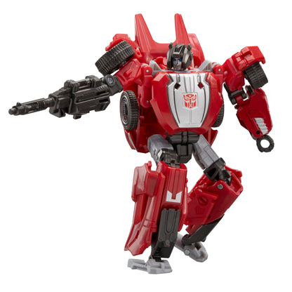 Transformers Studio Series Deluxe Class War for Cybertron Sideswipe 07 a red and gray robot figure holding a black blaster rifle