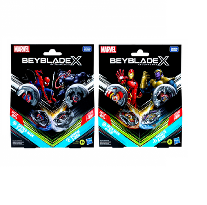 Two Marvel Beyblade X toy packages featuring Spider-Man & Venom, and Iron Man & Thanos spinning tops.